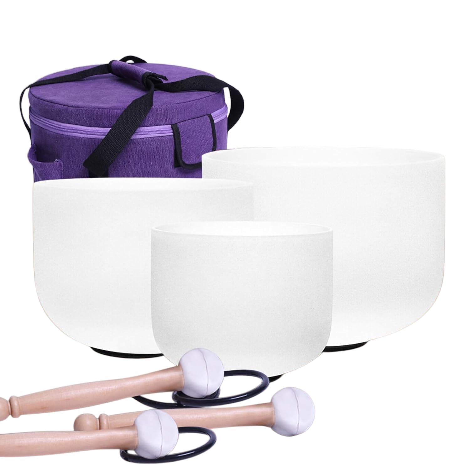 Energysound Perfect Pitch Chakra Singing Bowls 432Hz 11" D 9" F 7" B Frosted Quartz Crystal Singing Bowls with Canvas Bag