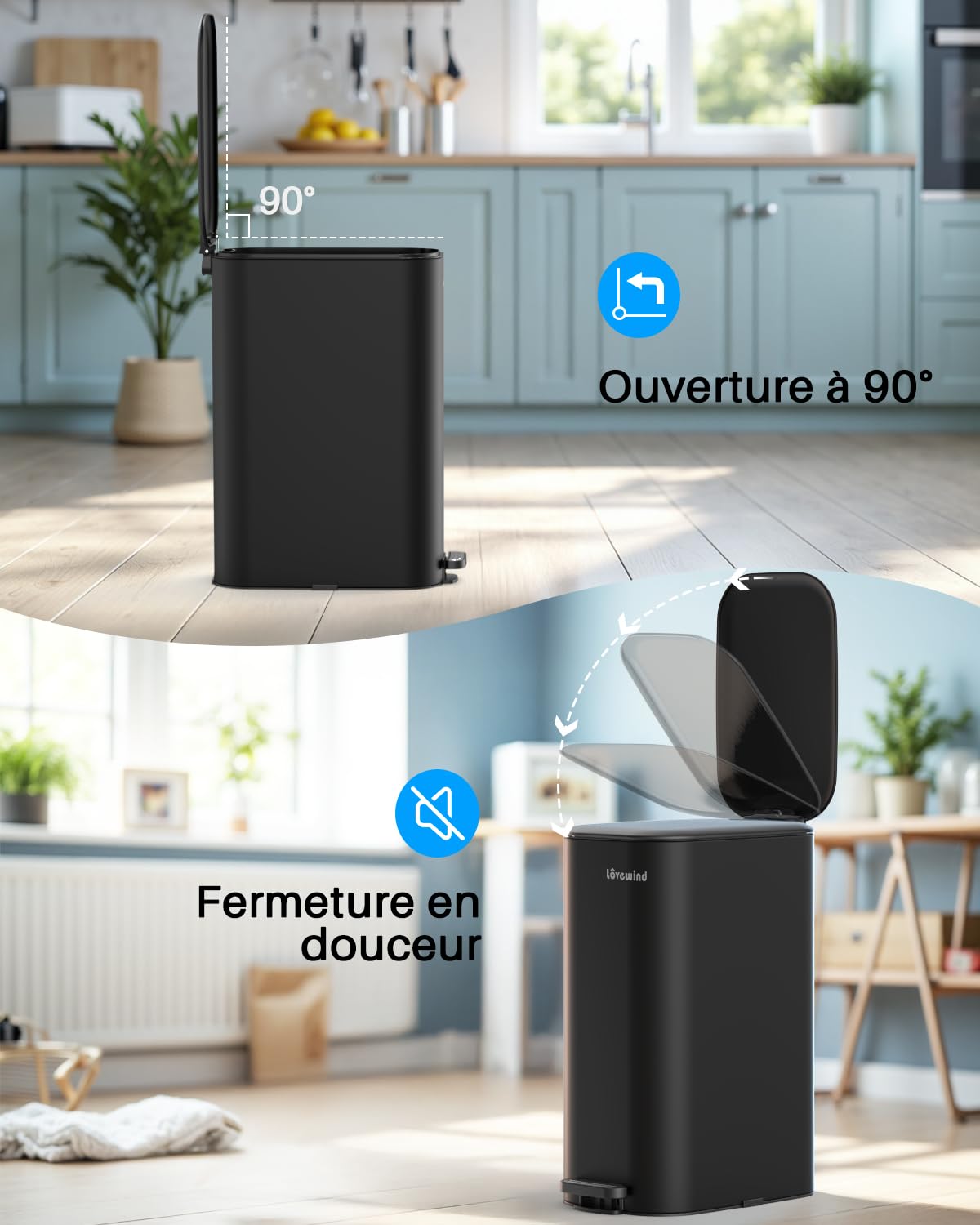 Lovewind Poubelle Cuisine, Poubelle 30 L,Poubelle de Cuisine en Acier, avec Seau Intérieur, Fermeture Douce et Maintien en Ouverture, Bureau