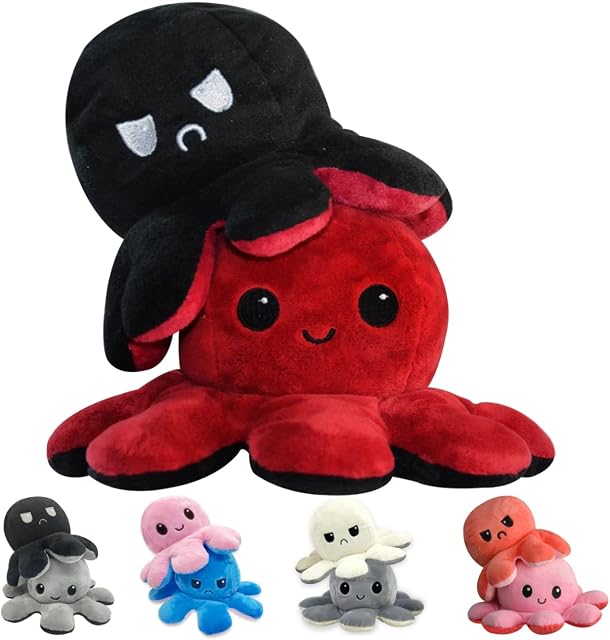 FASTEXX Octopus Reversible Plushies, Express Your Mood with Our Double-Sided Flip Mood Octopus Plush, Reversible Octopus Plushie Sweetest Gift for all Kids, Friends, Family on Any Occasion(Wine/Black)