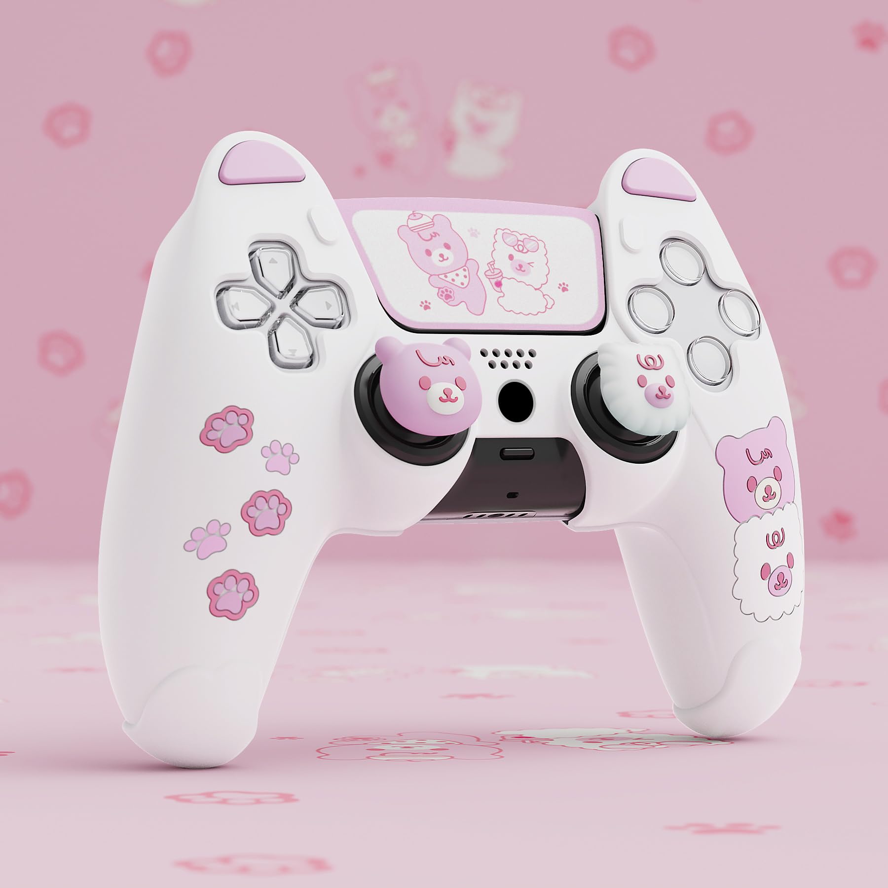 PlayVital Cover Controller per ps5 Joystick,Custodia Protettiva Silicone Skin Antiscivolo&Copri Levette Analogiche&Adesivo Touchpad,Orso Carino,Bianco&Rosa