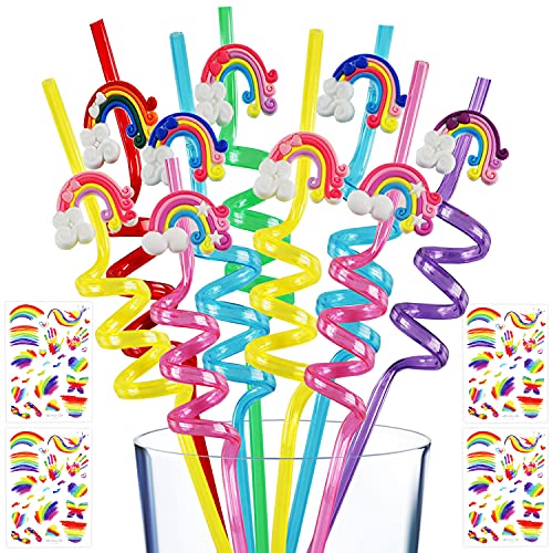 24pcs Reusable Rainbow Drinking Plastic Straws Rainbow Stickers for Kids Rainbow Party Favors Unicorn Party Supplies, Birthday Party Favors Decorations