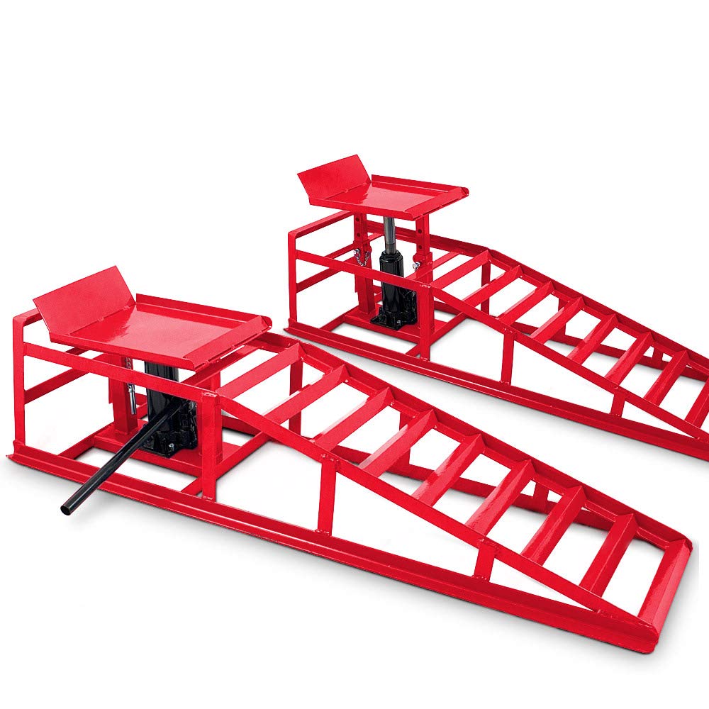 BITUXX® 2 Stück Auto PKW KFZ Auffahrrampen Set mit Wagenheber hydraulisch Höhenverstellbar Wartungsrampe Hebebühne Rampe Auffahrrampe Auffahrbock in Rot