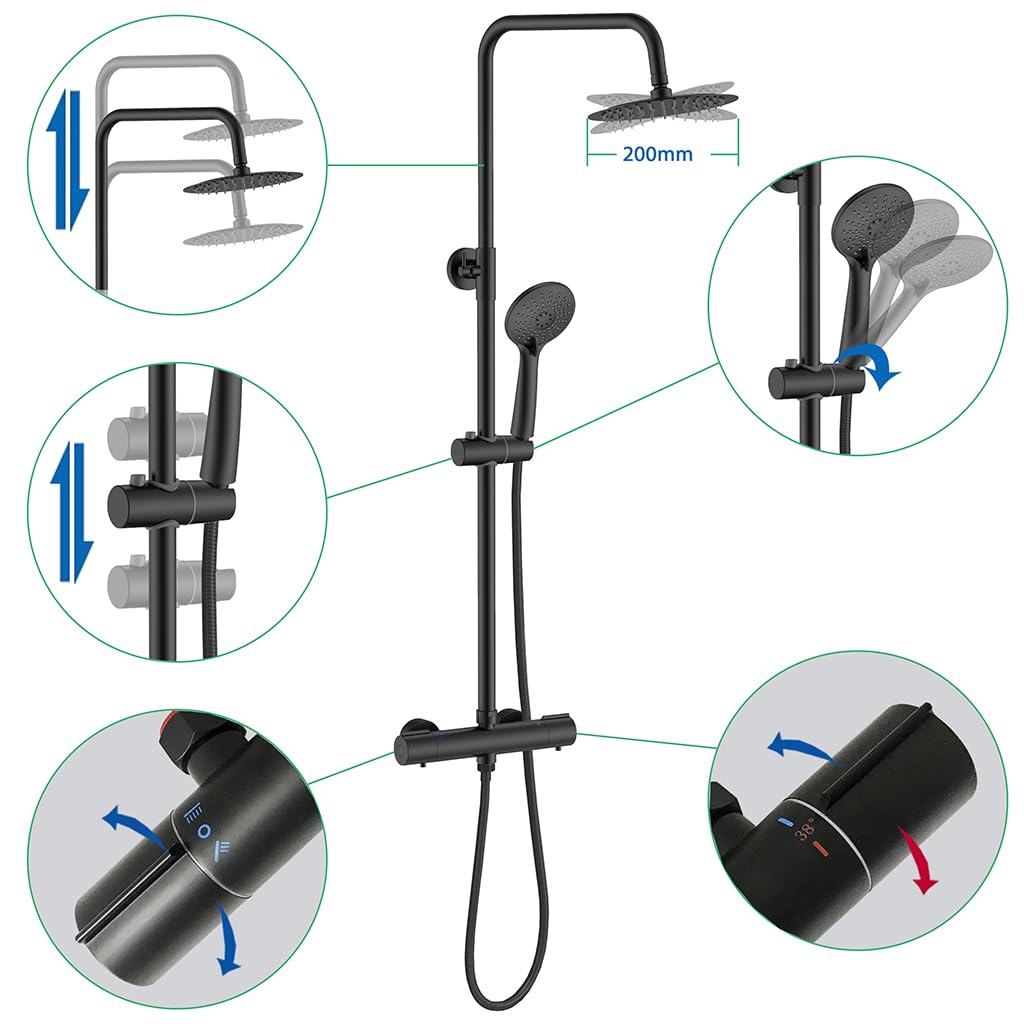 Colonna Doccia, AICA ITALY, Miscelatore Doccia Idromassaggio Termostatico, Gruppo Doccia Completo di Soffione Acciaio Inox da 20cm e Doccetta a 3 Getti, Asta Doccia Regolabile 73-117cm, Nero