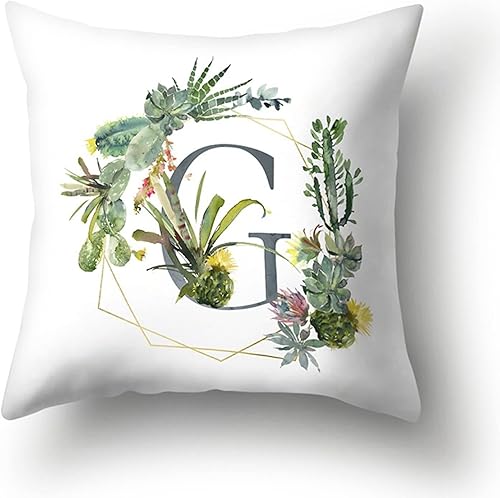 Funda de almohada de 18 x 18 pulgadas, diseño de flores suculentas verdes, alfabeto inglés, funda de cojín suave para el hogar, sofá, dormitorio,