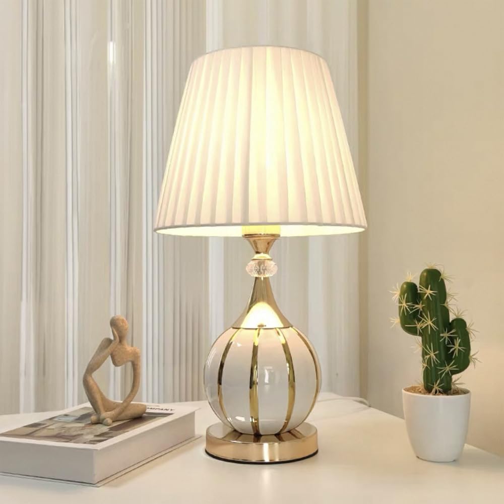 Mengjay Lamparas de Mesita de Noche Vintage,Lámparas de Mesa de Cerámica E27,Pantalla de Tela,Luz de Noche,Lamparas Sobremesa Diseño Clasico Para Dormitorio Sala de Estar Estudio (Blanco)