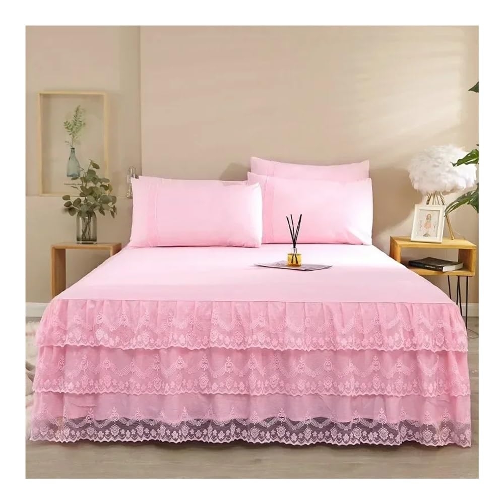 Lujosa falda de cama de encaje, colcha de verano, satén macizo, viscosa, pareja, ropa de cama, cama individual, doble, cama queen size (rosa, 1 pieza, 180 x 200 cm)
