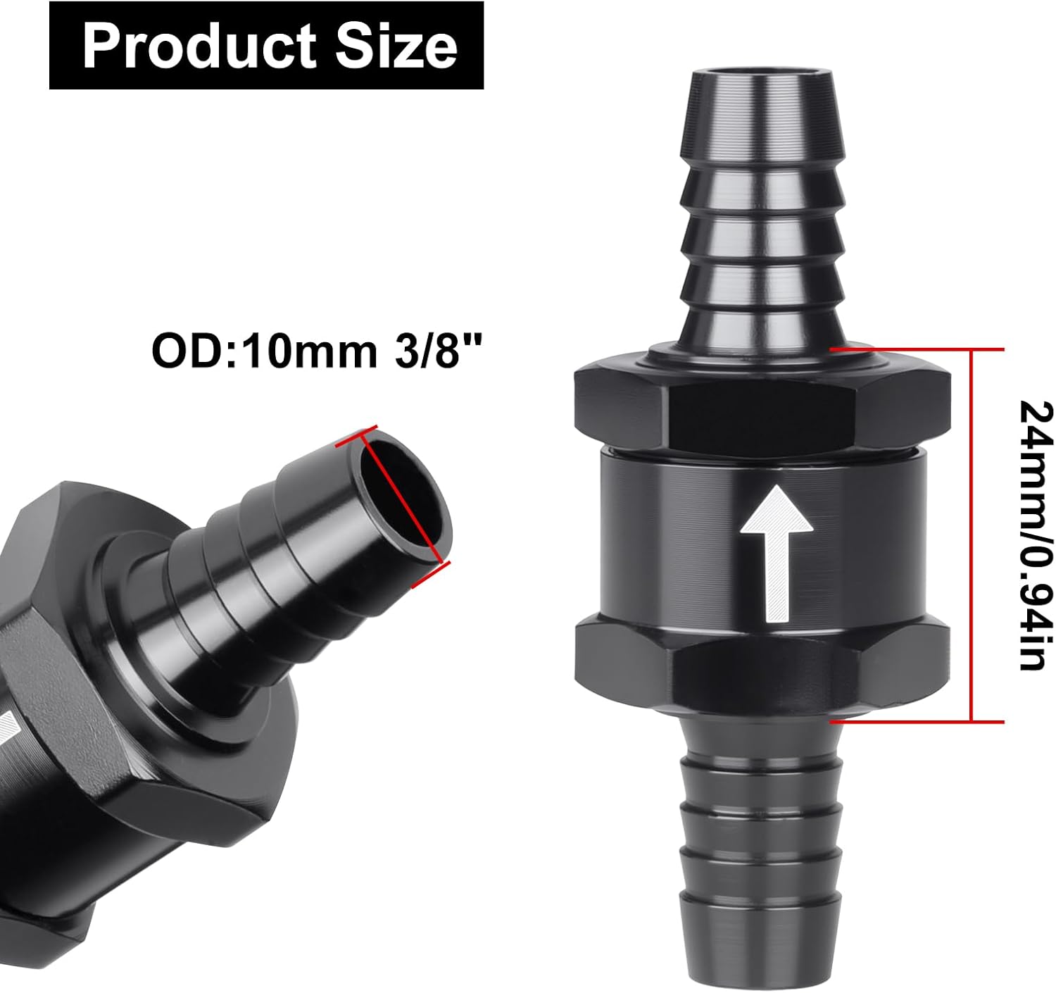 3/8" Fuel Check Valve, 2PCS OD 10mm One Way Bleeder Valve Inline Non Return for Diesel Gasoline Black