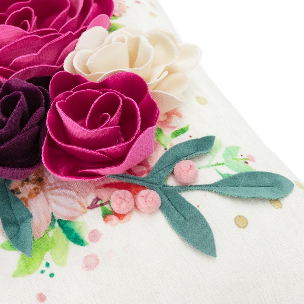 Handmade 3D Floral & Butterfly Decorative Pillow Cover 18x18 Inch Romantic Boho Farmhouse Chenille Pillow Case with Flowers & Watercolor Accents, Spring Home Decor for Couch Bed Living Room Hot Pink - Image 6