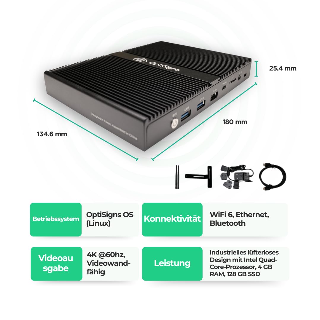 OptiSigns Pro Digital Signage Player mit Intel Pentium Quad-Core, 4 GB RAM, 128 GB SSD, Wi-Fi 6, HDMI-CEC, 4K Ultra HD