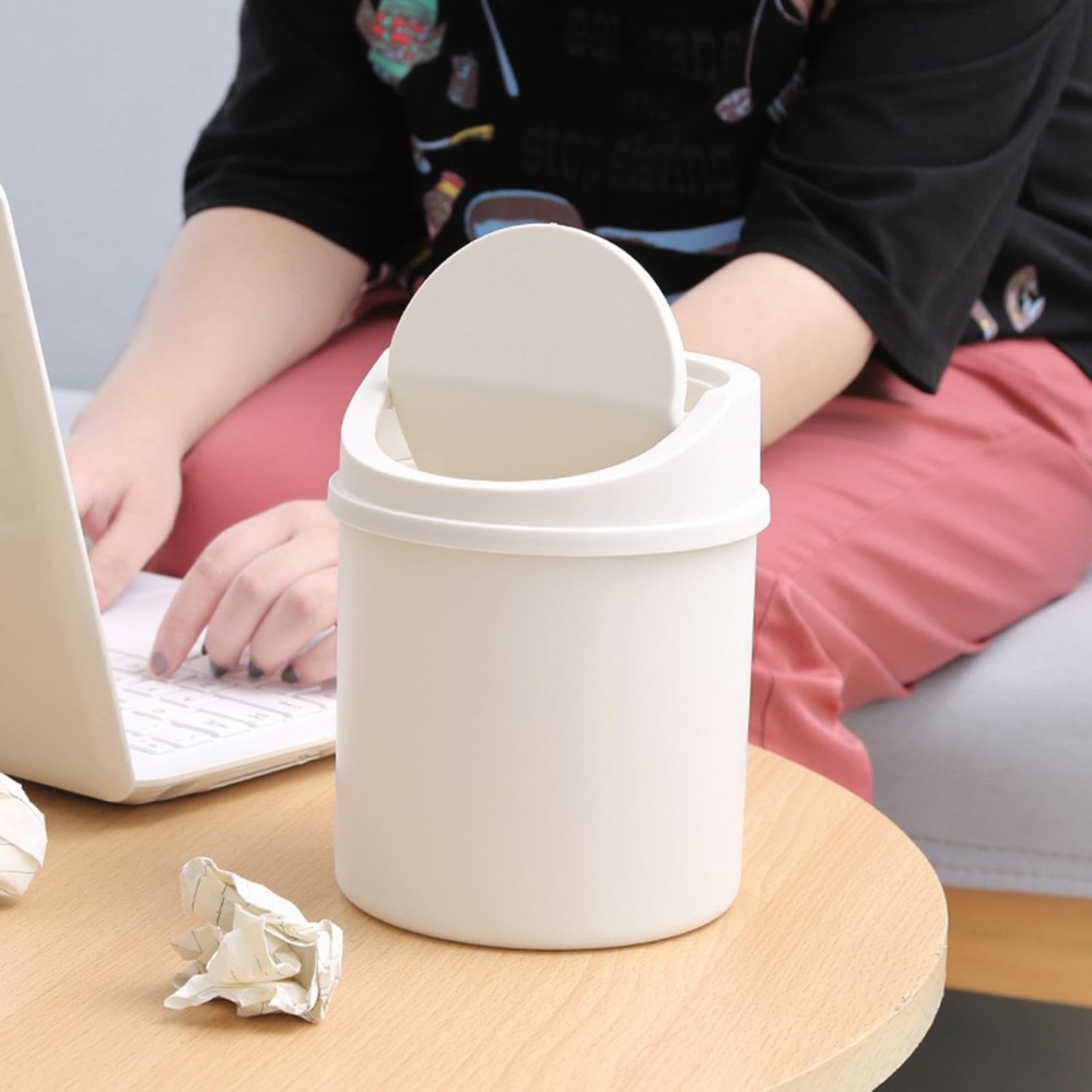 Mini Desk Trash Can with Lid - Small Countertop Garbage Bin Swing-Lid Tabletop Waste Basket for Office Bedroom