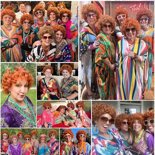 Image of Red Orange Wig + Sunglasses + Jewelry Set for Women Costume Short Curly Reddish Wigs for Landlady Cosplay Halloween Party or Fun (5pcs)