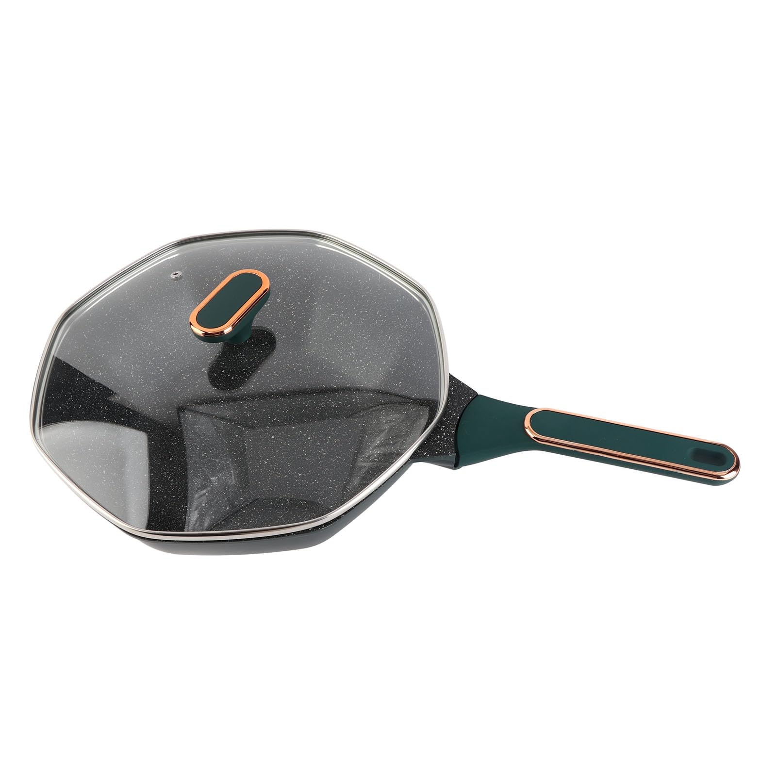 Wok octogonal con revestimiento de piedra Maifan, sartén antiadherente de aluminio fundido con tapa transparente y mango ergonómico, apto para todas las estufas, 4-6 porciones