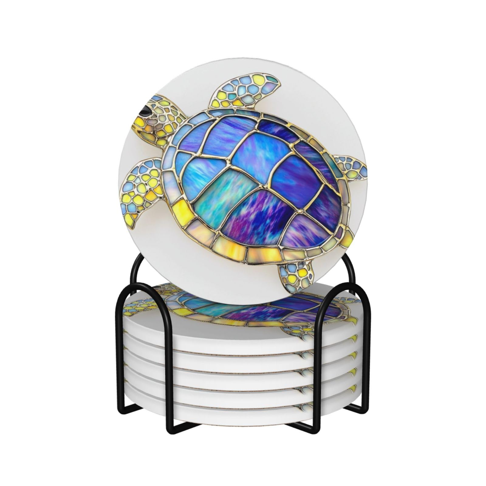 Stained Glass Turtle Gold Yellow Ceramic Coasters with Holder 6ps