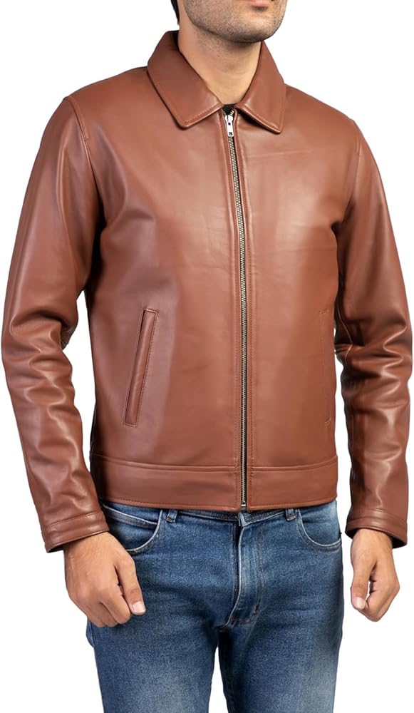 Men's Classic Casual Polo Collar Zip-up Genuine Lambskin