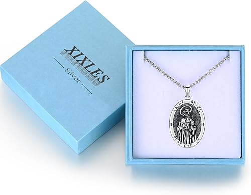 Vista 701 de Collar con colgante de plata de ley 925 con medalla de San Patrón, joyería religiosa para hombres y mujeres, con cadena de acero inoxidable 316L