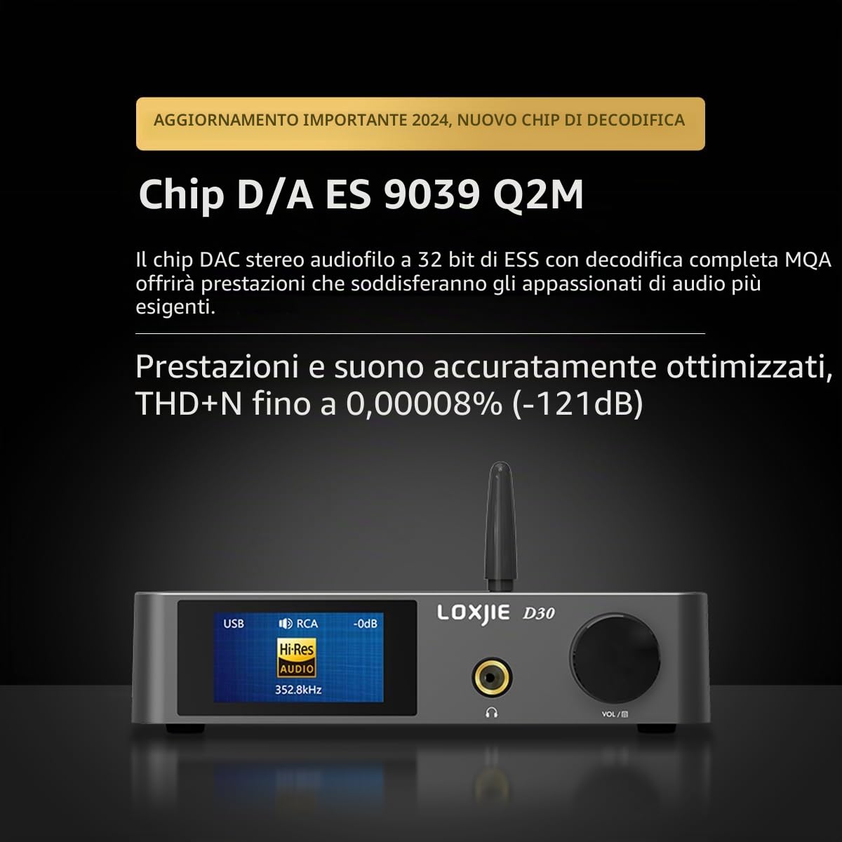 LOXJIE D30 2024 (aggiornato) Decoder Audio Amplificatore per cuffie 1.5Wx2 Potenza per cuffie Auricolare separato e Line Out ES 9039 Q2M Chip Bluetooth 5.1 MQA Decodifica completa Collegabile ad