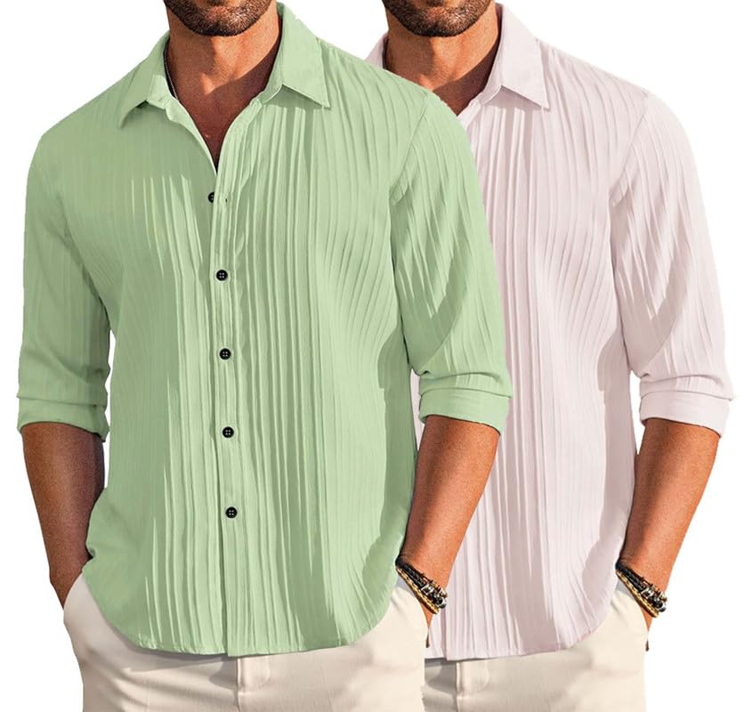 Image of DEELMO Combo of Men's Casual Button Down Shirts Long Sleeve Linen Shirt Fashion Textured Summer Shirts Pack of 2