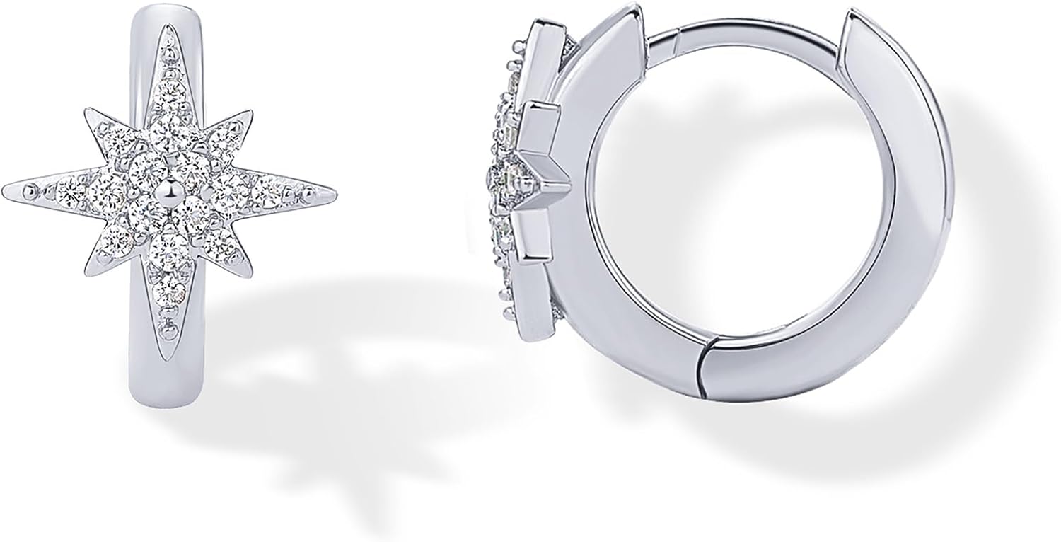 PAVOI 14K Gold Plated 925 Sterling Silver Posts Small Huggie Hoop Earrings for Women - Trendy Celestial North Star, Butterfly, Heart Hoop Earrings - Cubic Zirconia Cute Gold Motif Jewelry - Valentines Day Trendy Jewelry