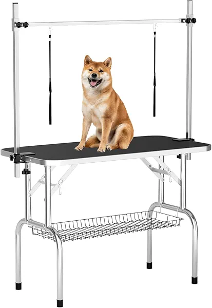 ynhunreth 46'' Dog Grooming Table for Large Dogs, Foldable Professional Grooming Table for Dogs at Home with Double Loops/Mesh Tray/Adjustable Arm, Capacity up to 330lbs, Black