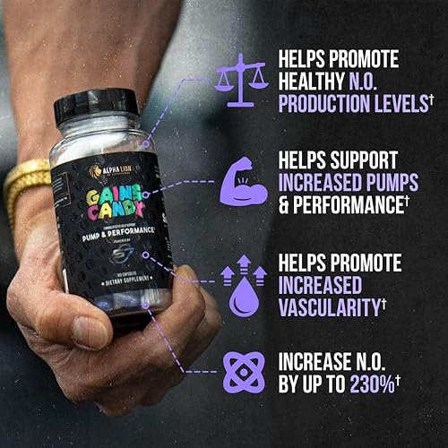 Miniatura 2 de ALPHA LION Gains Candy, píldoras de suplemento para bomba muscular y flujo sanguíneo, refuerzo de óxido nítrico, apoya el enfoque mental, uso diario