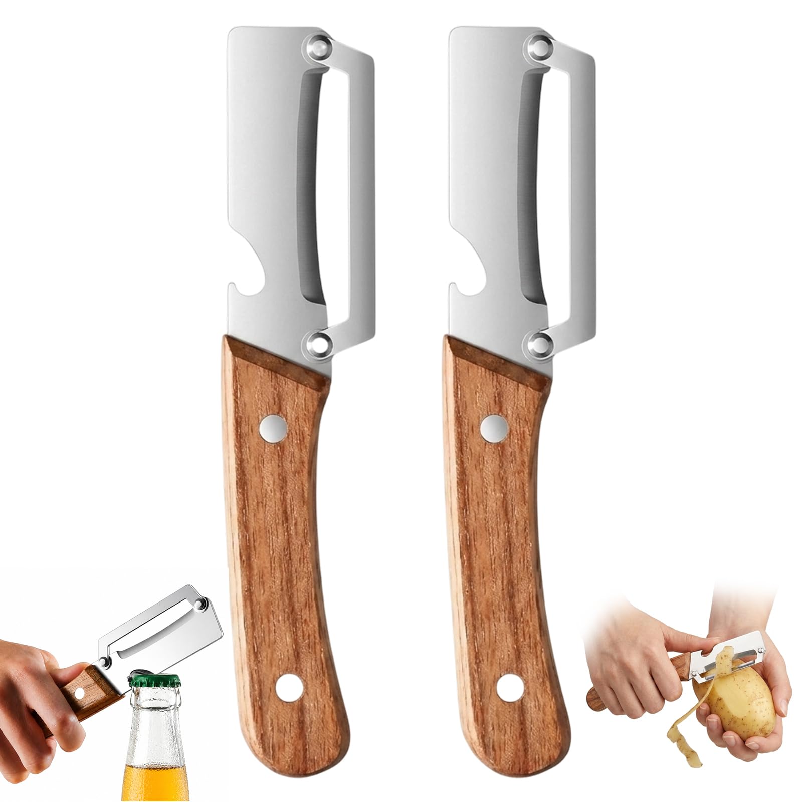 Multifunctional Vegetable Peeler, Peelers for Kitchen, 2pcs Multi Functional Vegetable Peeler for Daily Meal Preparation and Outdoor Cooking, Set of Peelers for Kitchen Tools Wooden Handle Peeler
