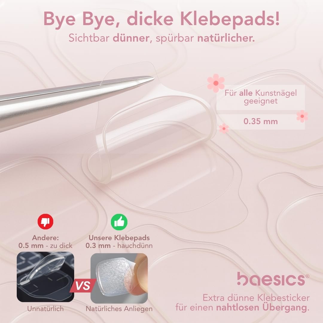 Baesics Podkładki samoprzylepne na paznokcie, 180 sztuk, w różnych rozmiarach – bardzo mocne, dwustronne naklejki samoprzylepne do sztucznych paznokci & Press On Nail przezroczyste
