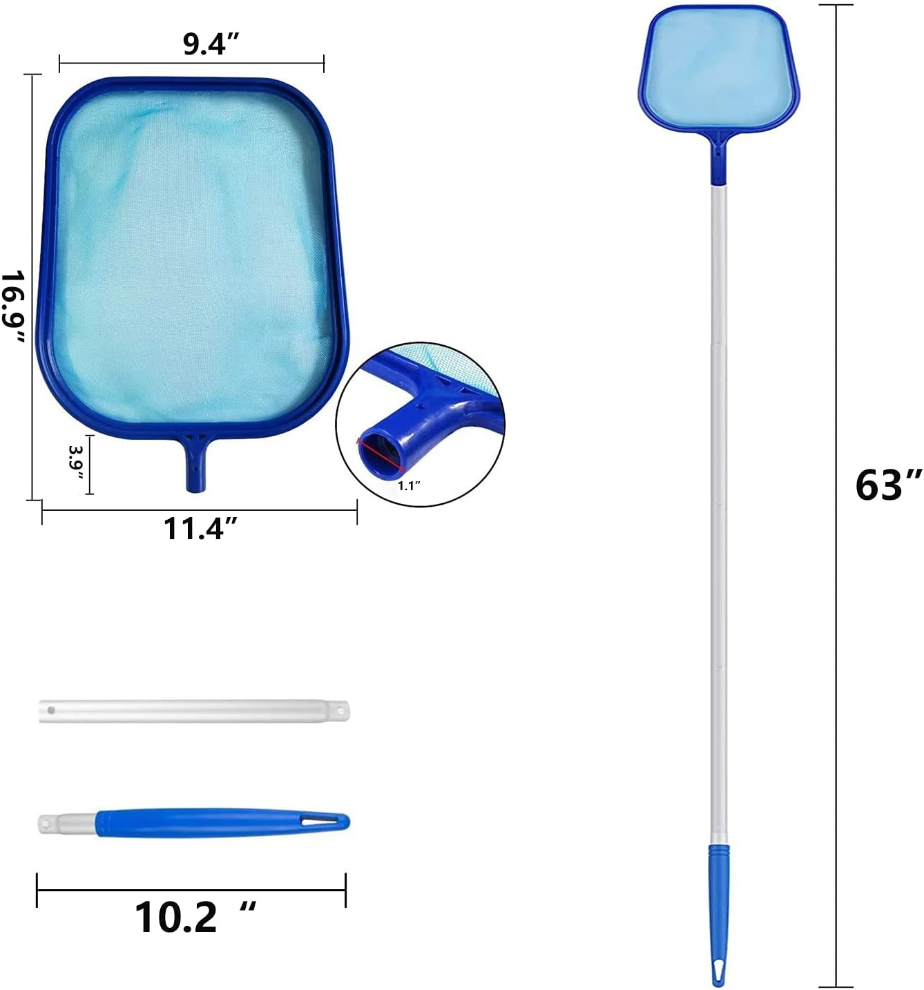 ZERIRA Pool Skimmer Net with 5 Knots 47" Detachable Pole Leaf Skimmer Net Mesh Rake Net for Spa Pond Swimming Pool, Pool Cleaner Supplies and Accessories