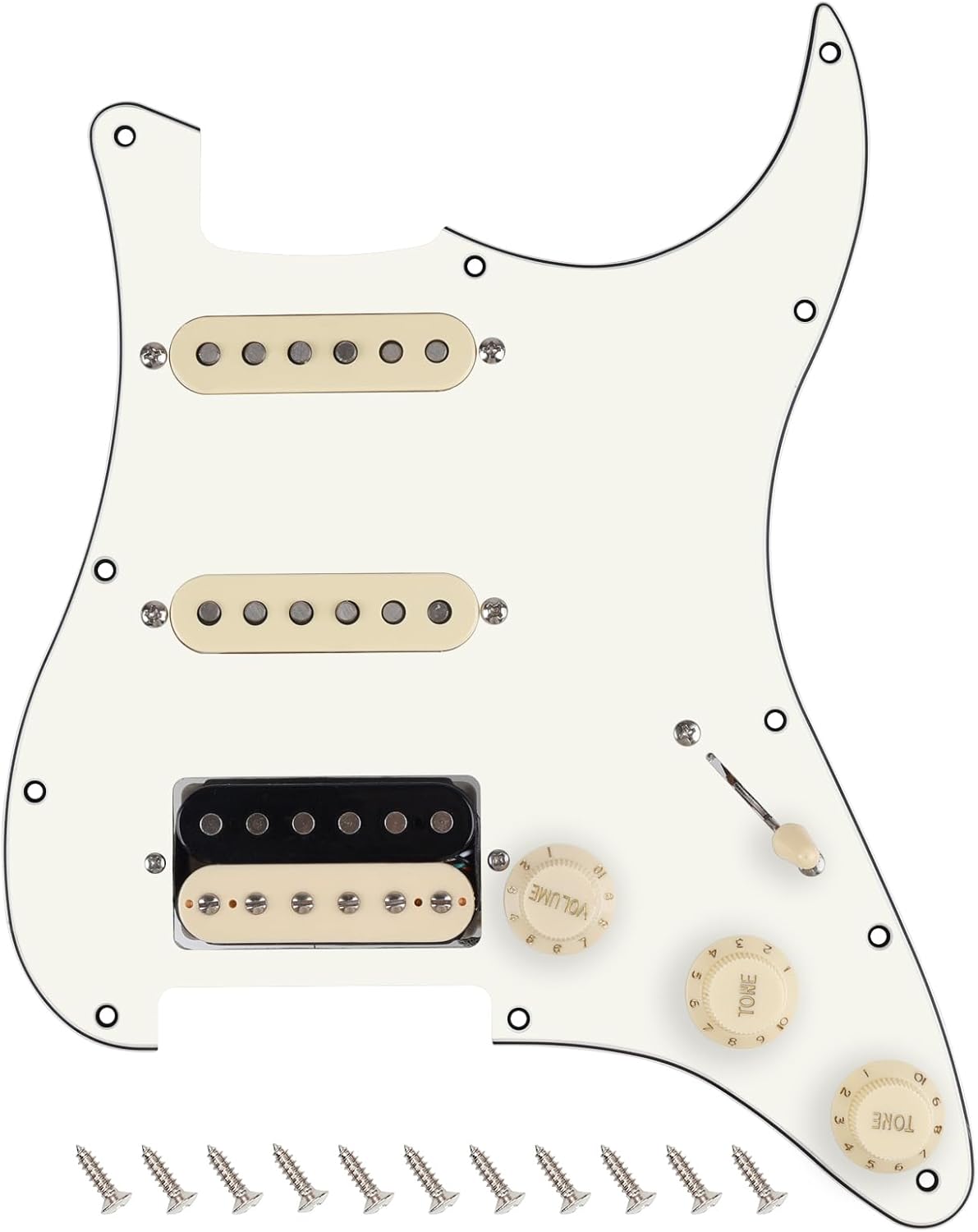 Banworks 3Ply Loaded HSS Strat Pickguard Vintage Hot F '50s Tones Prewired Pickguard with Staggered Alnico 5 Fiber Bobbin SSH Pickups for Fender Stratocaster Strat ST JT/HBZC-03 Vintage Hot White