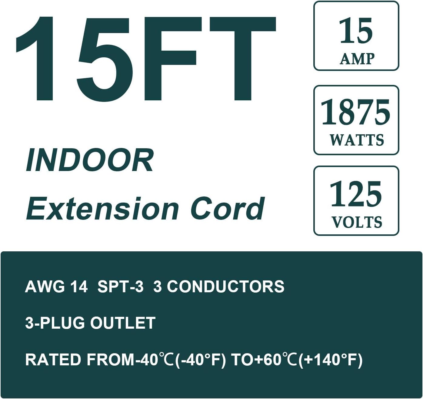 EP 15 Ft Heavy Duty Appliance Extension Cord - 14 Gauge 3 Prong Grounded Cable Wire, Ideal for Air Conditioners, Refrigerators, Microwaves, Washing Machines & More - Indoor Use, Gray