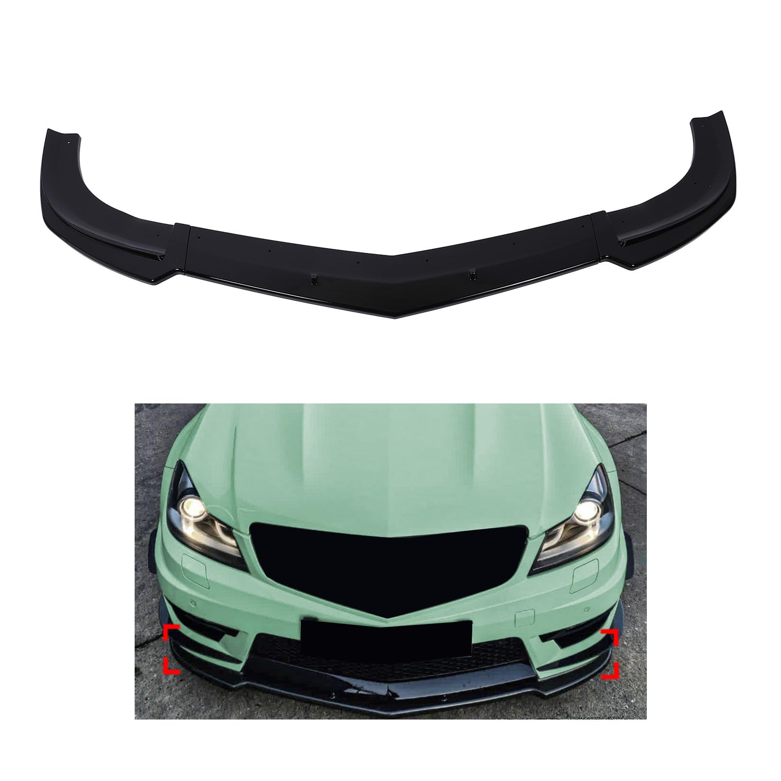 3 szt. Spoiler przedniego zderzaka o wysokiej wytrzymałości ABS Body Kit Splitter poprawia aerodynamikę dla klasy C W204 Facelift AMG C63 2011 2014 (błyszczący czarny)