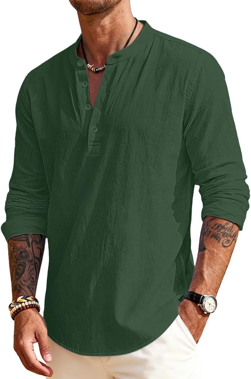 QOSOQ Men's Linen Shirts Henley T-Shirts Long Sleeve Casual Beach T-Shirts Solid Tops Shirts for Men