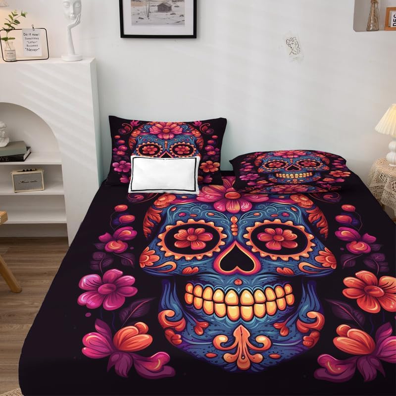 Miniatura 3 de Sábanas de calavera de azúcar tamaño Queen Sábanas de cama del Día de los Muertos mexicanos, microfibra suave, bolsillo profundo, sábanas y fundas