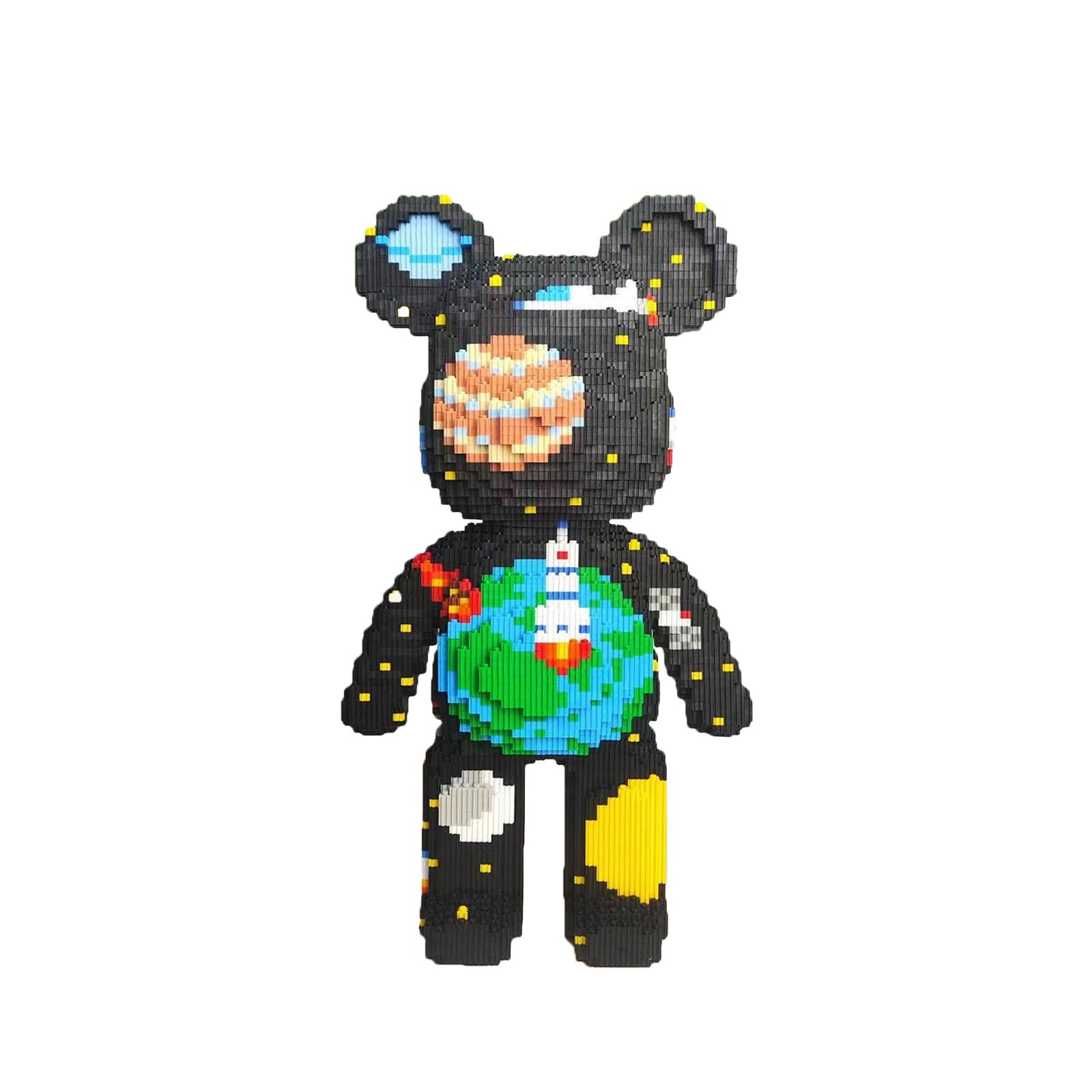 Assembled yaoyaoplay Fly The Space Bear Building Blocks model with dimensions shown, highlighting its height of 16.9 inches, width of 9.4 inches, and depth of 5.1 inches. Also shows a close-up of micro block sizes.