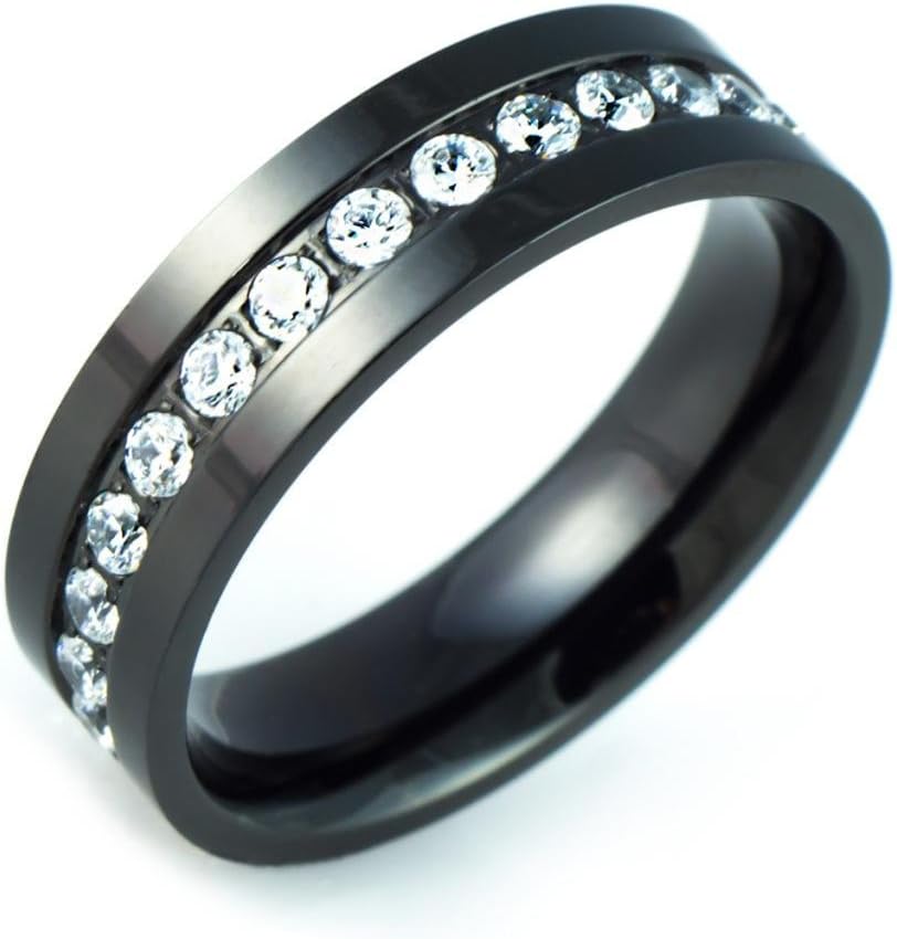 6mm High Polished Black Titanium with Round CZ Cubic Zirconia Eternity Wedding Band