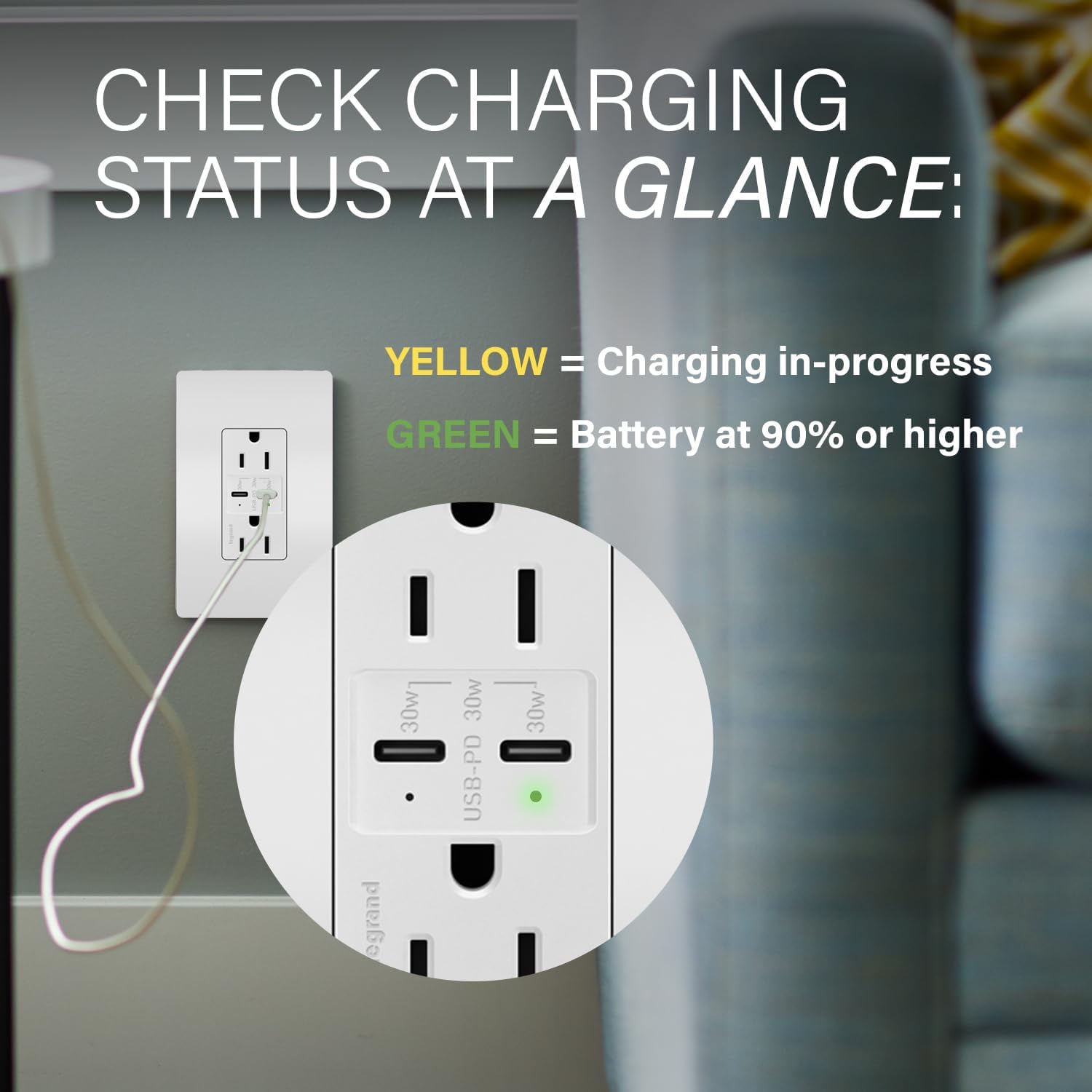 Legrand Radiant R26USBPDW 15 Amp Tamper-Resistant Decorator Duplex Receptacle Outlet with Fast USB C/C 6.0A Charging Ports Plus 30W Power Delivery, White with Screwless Wall Plate