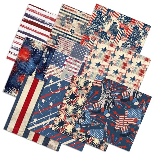 40 Pcs 10x10 Inch Patriotic Fabric Squares Vintage 4th of July Printed USA Star Flag Fireworks Strips Patchwork Americana Red White Blue Crafting Material for Independence Day Sewing DIY Crafts