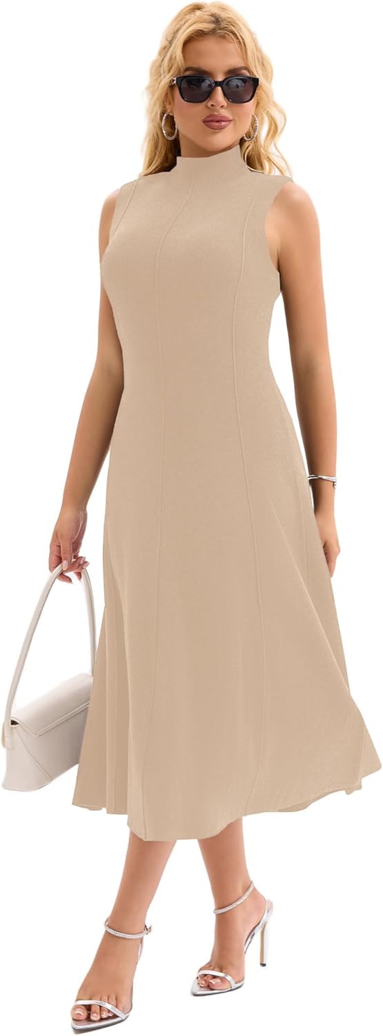 Froggirl Women's Sleeveless Turtle Neck Midi Dress Elegant A-Line Fit Stretchable Ribbed Sweater Dress for Fall Winter 2025 - Image 6