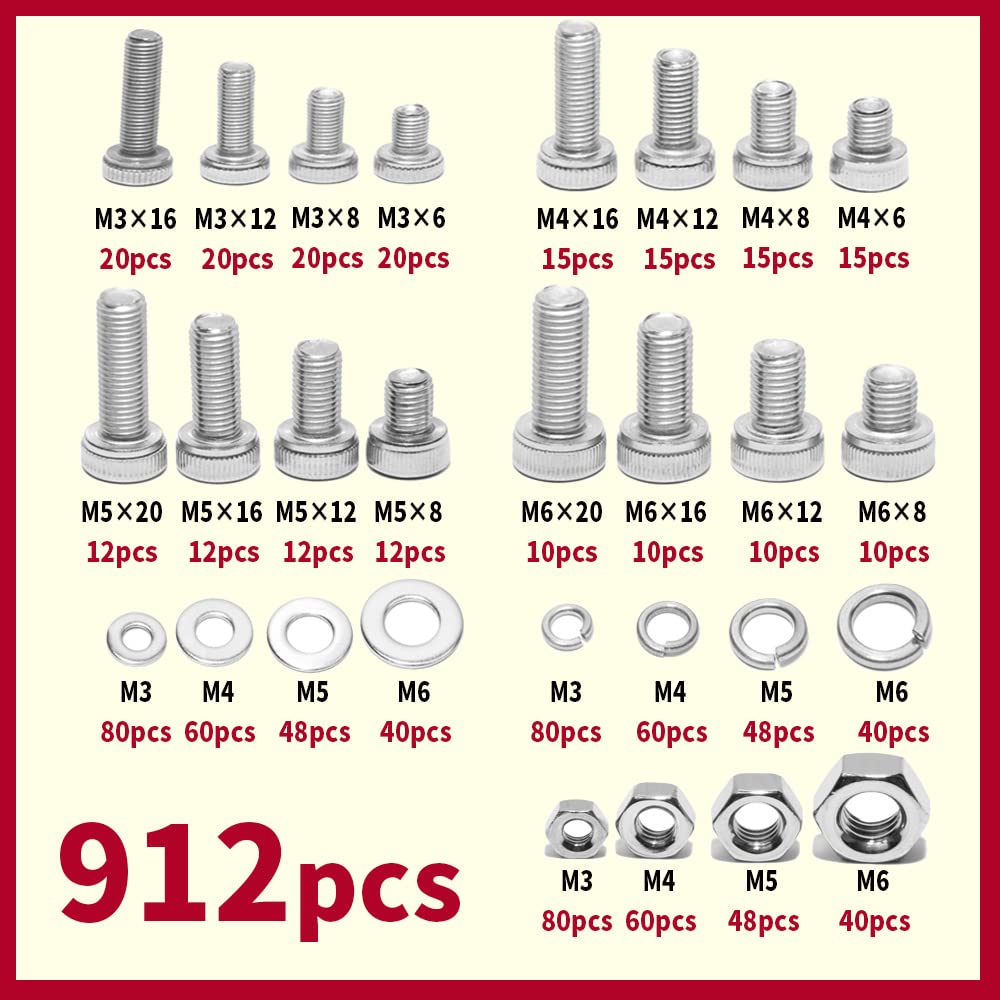 GamirA Kit d'assortiment de boulons et écrous M3 M4 M5 M6, 912 pièces, Ensemble d'assortiment de vis à tête Creuse hexagonale, vis métriques en Acier Inoxydable 304 DIN912