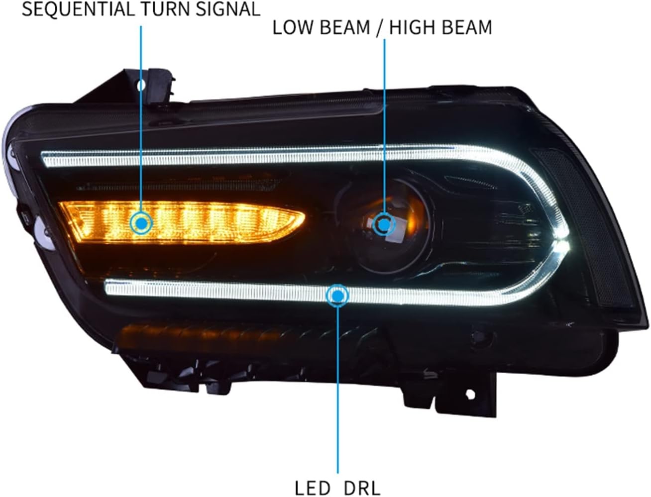 Headlight Assembly Compatible with Dodge Charger LD 2011-2014 LED DRL Sequential Turn Signal Xenon Low Beam High