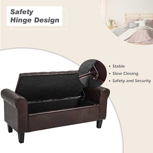 Miniatura 5 de ECOTOUGE Banco de almacenamiento armado, reposapiés tapizado de cuero con tapa con bisagras para el extremo de la cama del dormitorio, modelo