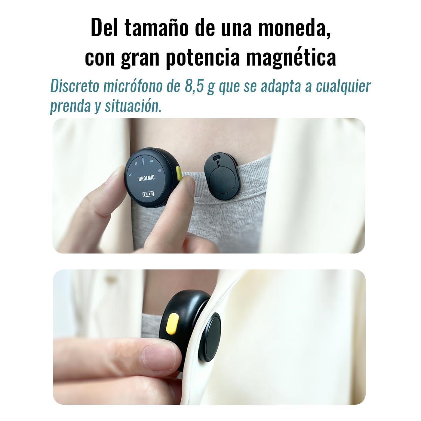Micrófono Inalámbrico 2 en 1 para iPhone y Android, 40h Batería, 55m Alcance, Cancelación de Ruido, Micrófono de Solapa con Imán para Grabación