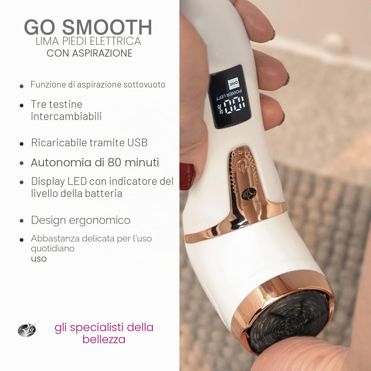 Rio The Beauty Specialist Pedicure Elettrico, con Aspiratore per residui, Piedi Lisci, Lima Calli, Talloni screpolati, Tre testine, Resistente all'acqua 100%, 80 min autonomia, USB, PEDI5