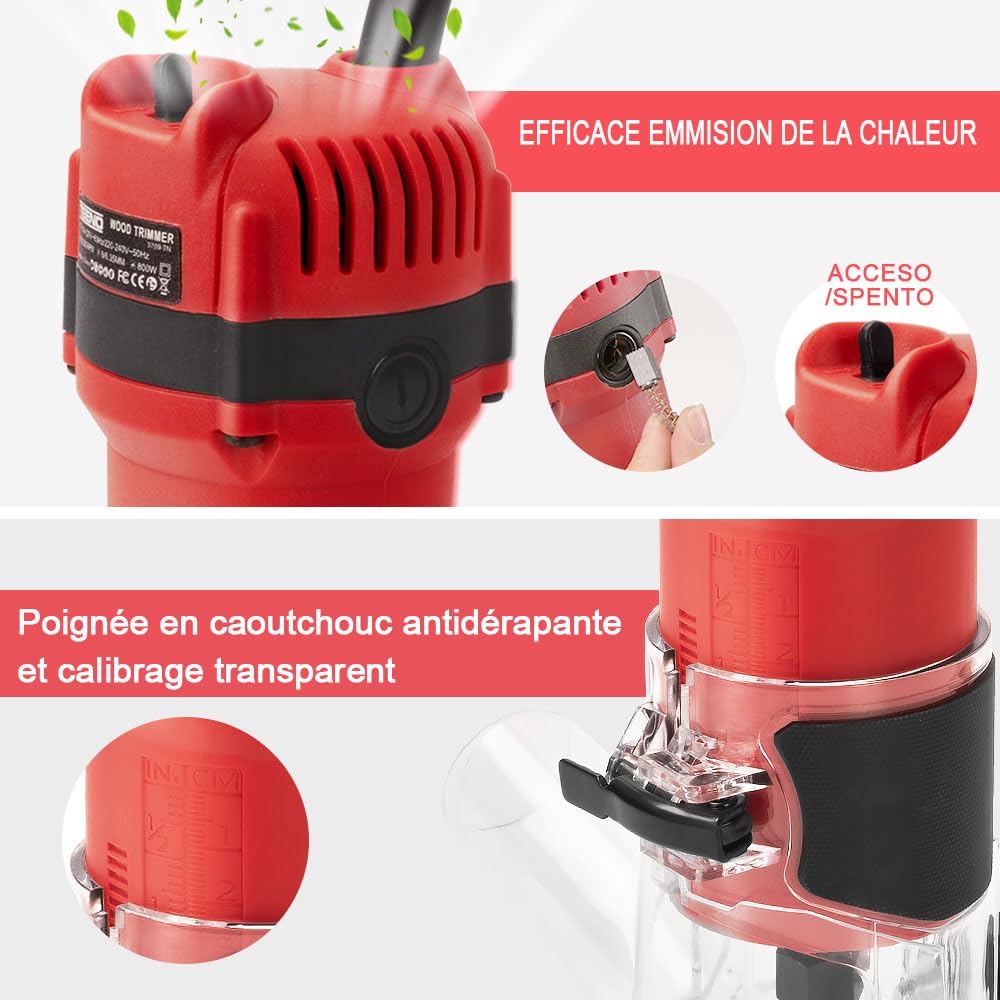 Affleureuse à Bois Défonceuse Électrique 800W 31000 RPM Avec Housse Anti Poussière,TEENO à Bois Défonceuse Affleureuse,15 Fraises à Défoncer Queue de 1/4",2 Pinces de 6/6.35mm,Pour Travail du bois