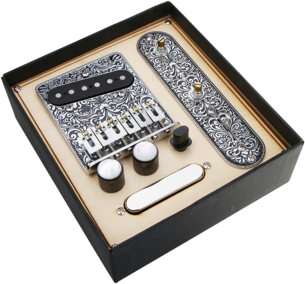 Alnicov 6 Strings Saddle Bridge Plate, 3 Way Switch Control Plate, Neck Pickup Set for Fender Telecaster Electric Guitars Replacement Parts (Black)