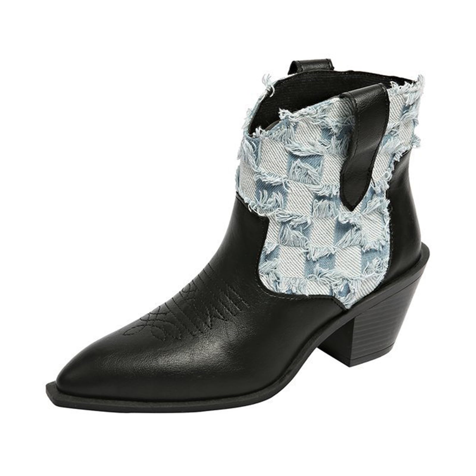 Womens Pointed Toe Chelsea Western Booties Fashion Embroidery Cowgirl Ankle Boots Comfortable Slip On Stacked Low Block Heel