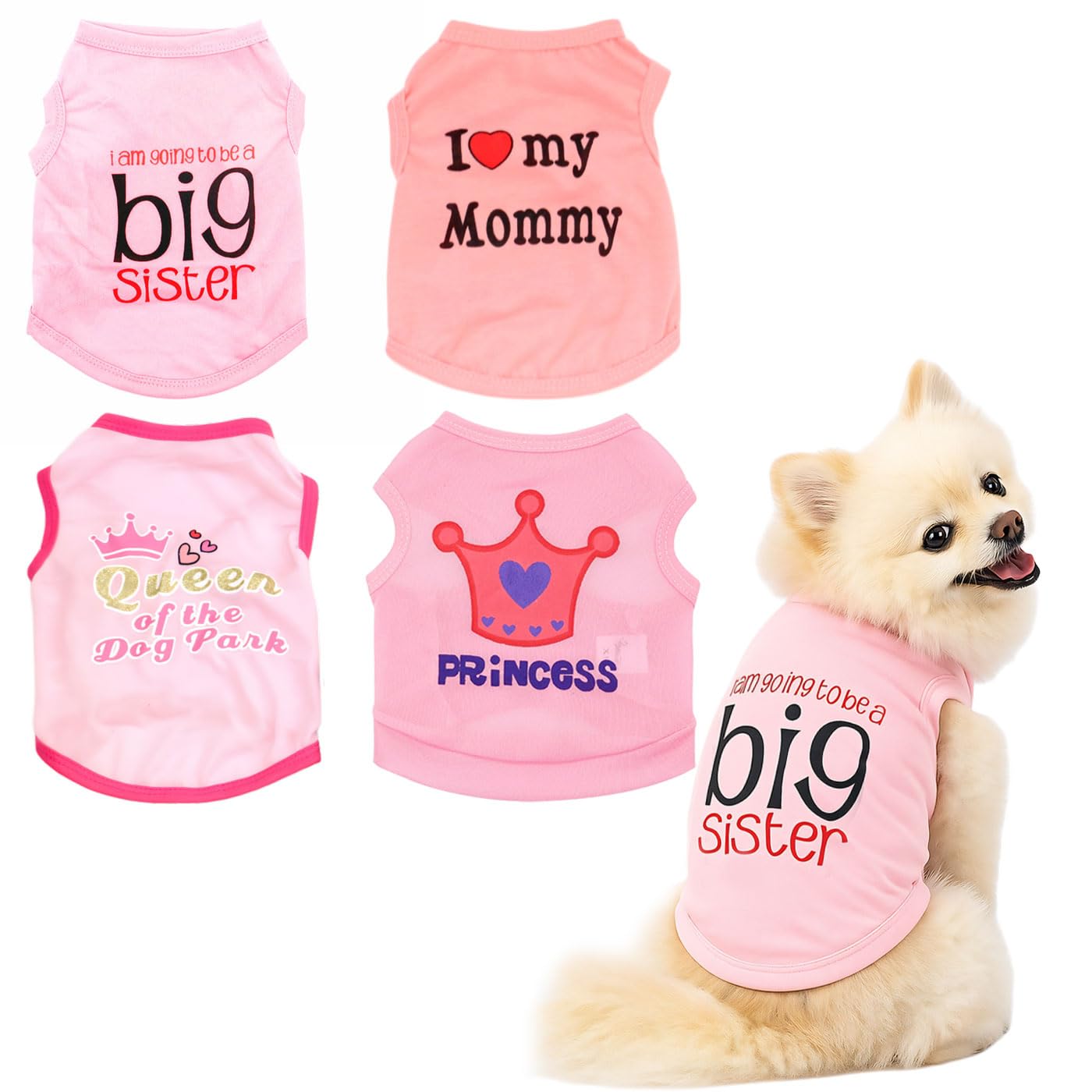 4 Pack Dog Shirt for Small Dogs Girl Female Dog Clothes with Crown Heart Pattern Soft Breathable Puppy Clothes Chihuahua Summer Pet Apparel, S