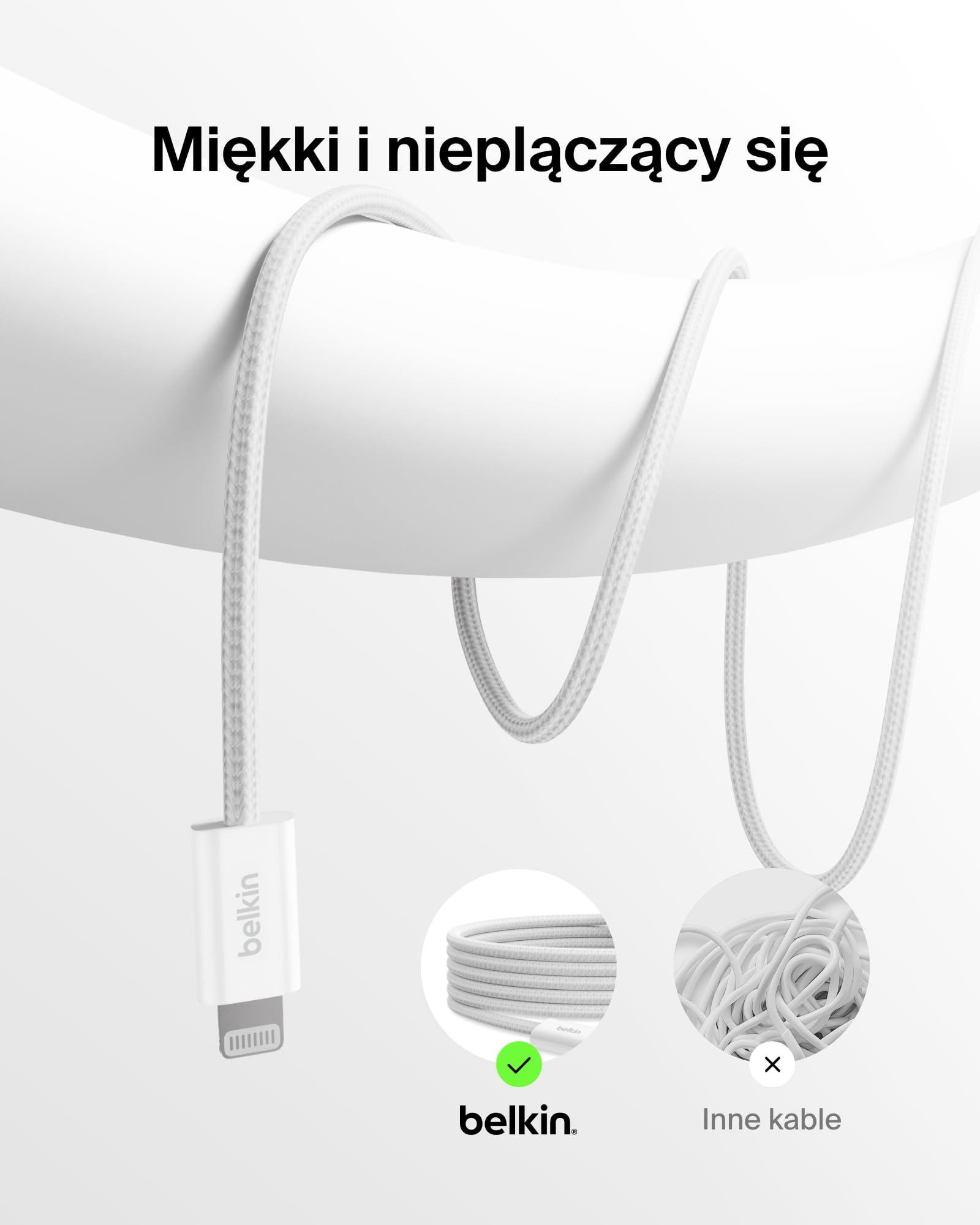Belkin 2 szt. Kabel w Oplocie USB-C ze złączem Lightning o długości 1,5M, – miękki kabel Lightning do szybkiego ładowania urządzeń iPhone serii 14 i starszych, iPad 9. generacji i AirPods – biały