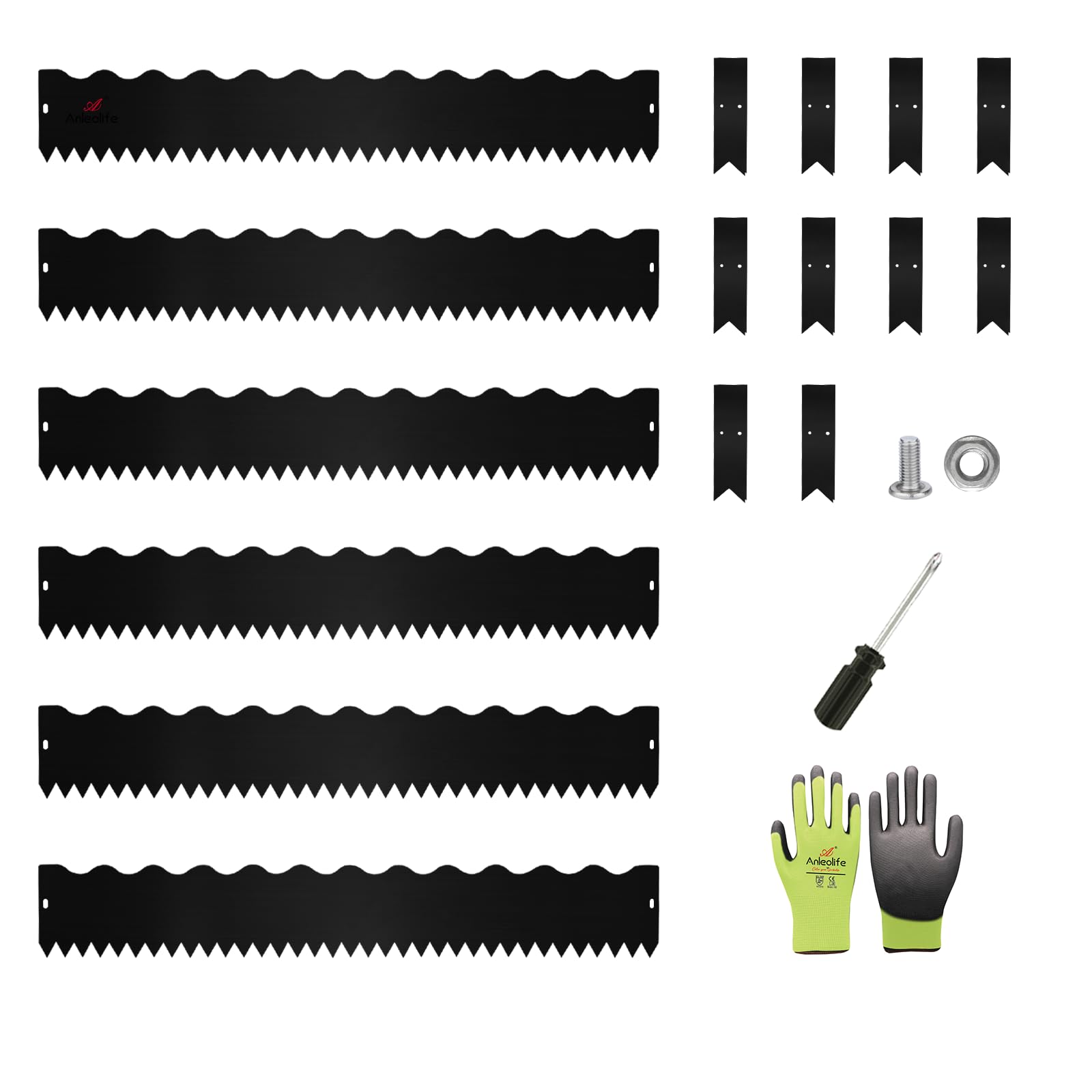 6 Pack 40" LX 6" H Galvanized Steel Garden Landscape Edging, Black Powder Coated Bendable Lawn Border with Gloves and 10 Stakes (20FT Total) (6 inch Tall, Wavy Edge, Black)