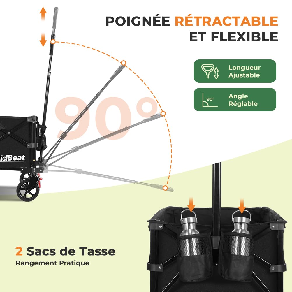 SLIDBEAT Chariot Tout-Terrain Pliable avec Double Frein - Chariot de Transport pour Jardin, Plage et Courses avec Poignée Réglable 0°-90°, Structure Démontable et Lavable en Machine, Capacité XL 150KG
