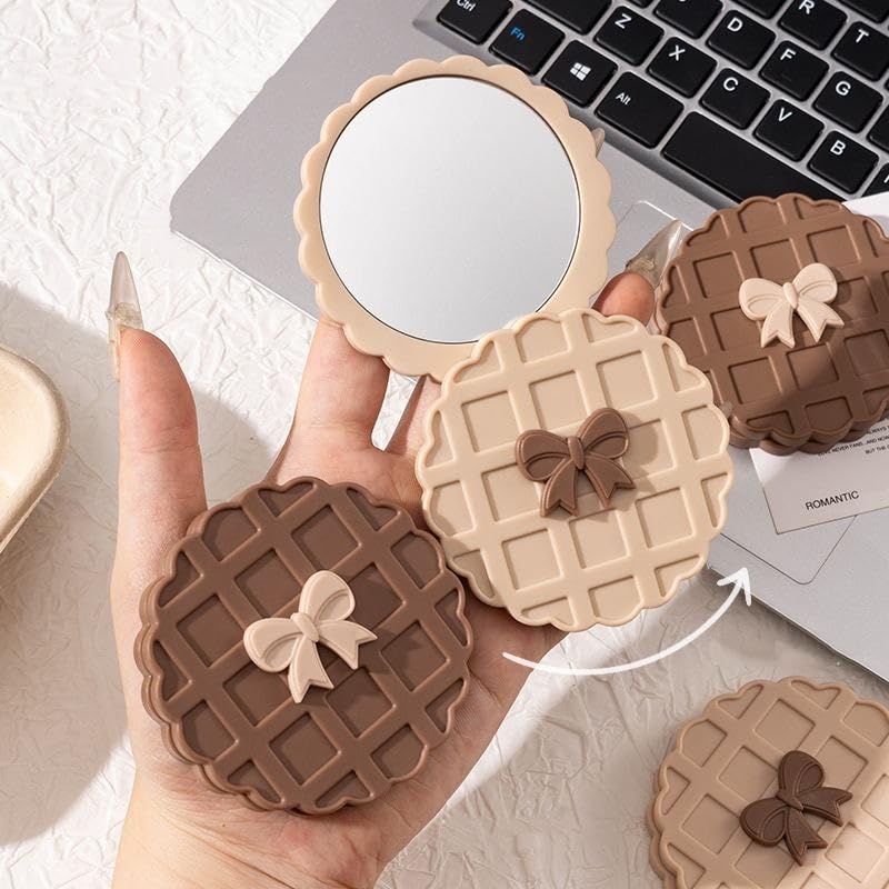 Image of Pocket Makeup Mirror | Small Compact Face Mirror for Makeup | Cute Waffle Design Portable Pocket Size Mirror for Purse & Travel (Brown)